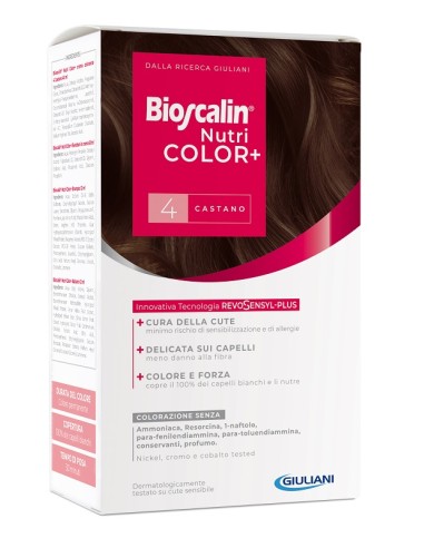 Bioscalin nutricolor plus 4 castano crema colorante 40 ml + rivelatore crema 60 ml + shampoo 12 ml + trattamento finale balsamo 