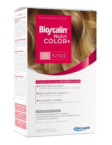 Bioscalin nutricolor plus 8 biondo chiaro crema colorante 40 ml + rivelatore crema 60 ml + shampoo 12 ml + trattamento finale ba